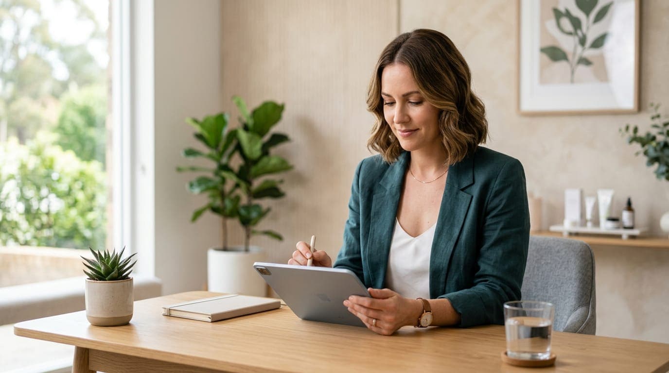 Kundin füllt digitales Formular am Tablet aus