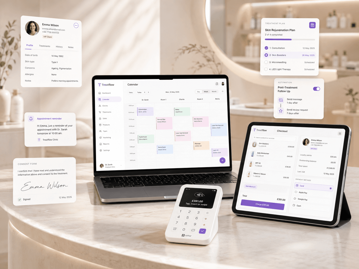 Treatflow auf Laptop und Tablet: Kalender, Kasse und Kundenakte in einem modernen Studio