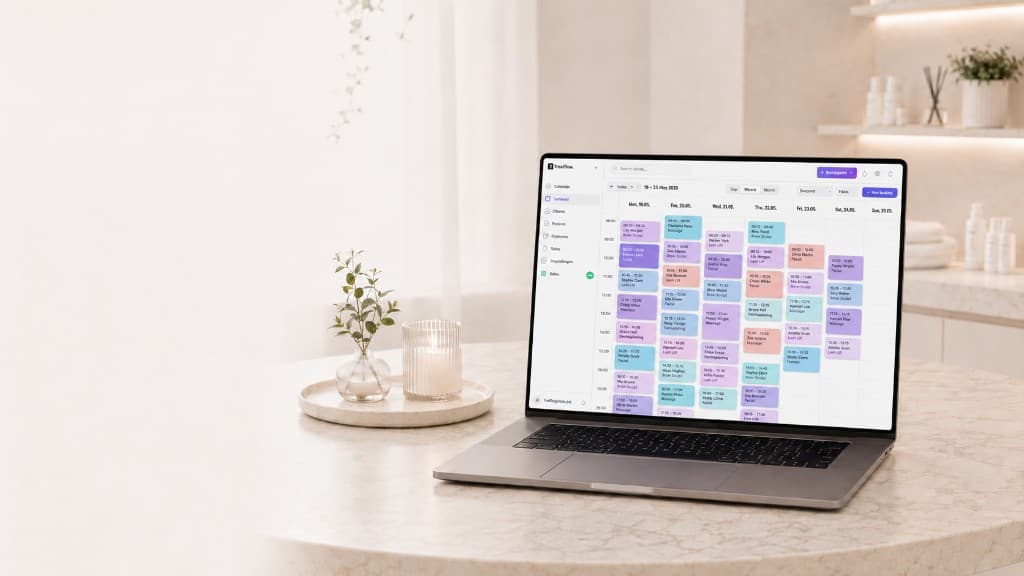 Treatflow calendar on a laptop in a premium Dubai beauty salon