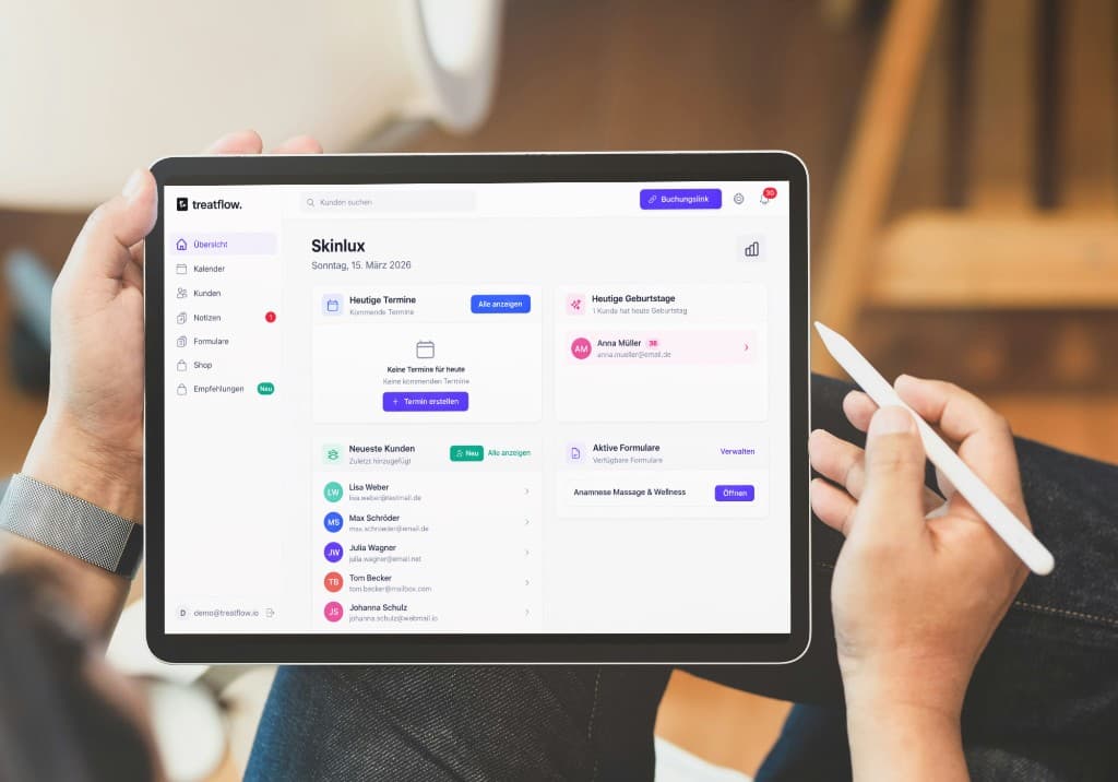 Treatflow dashboard showing salon software features at a glance