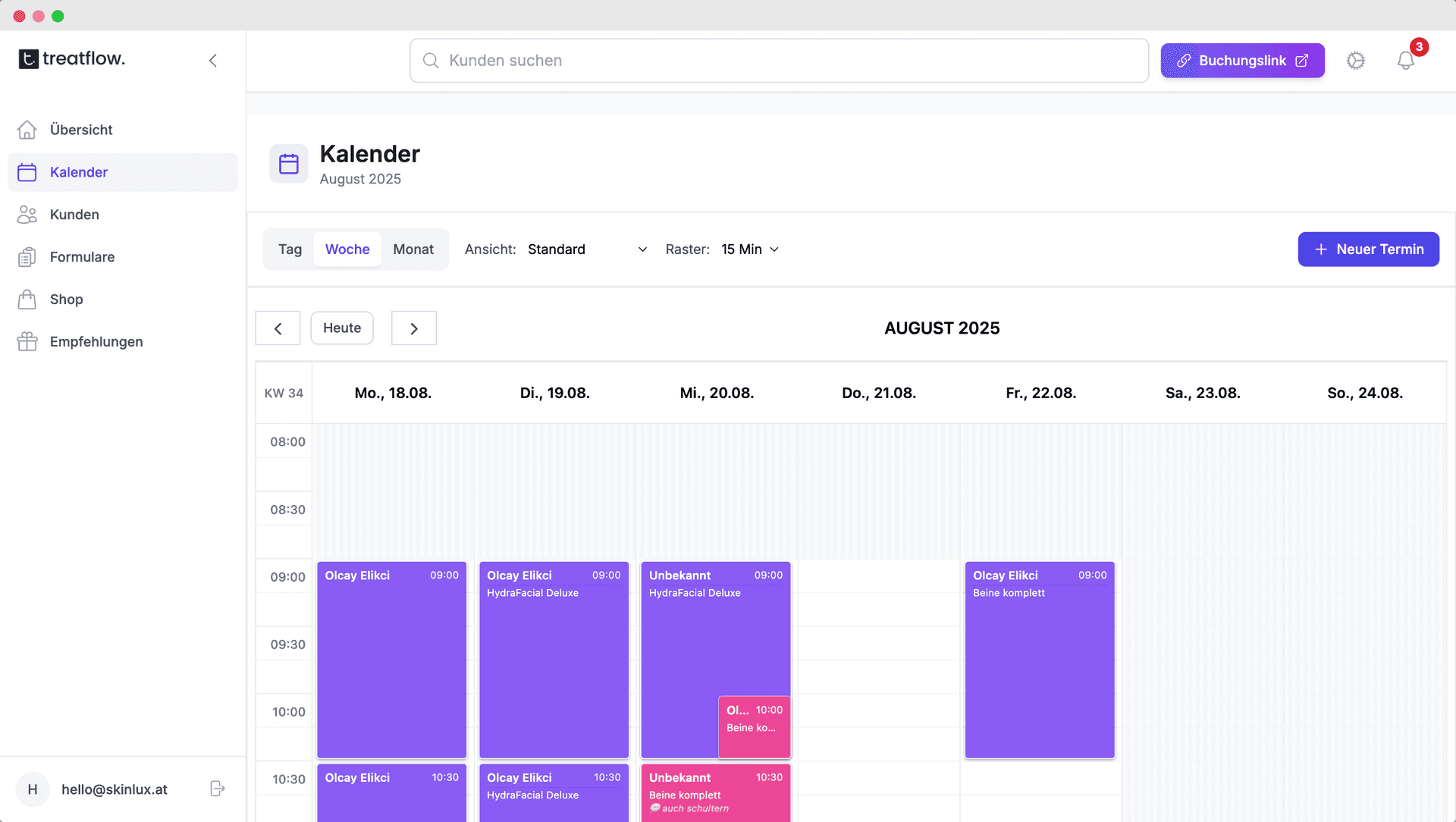 Treatflow Terminkalender – Tagesansicht mit Mitarbeitern und Räumen