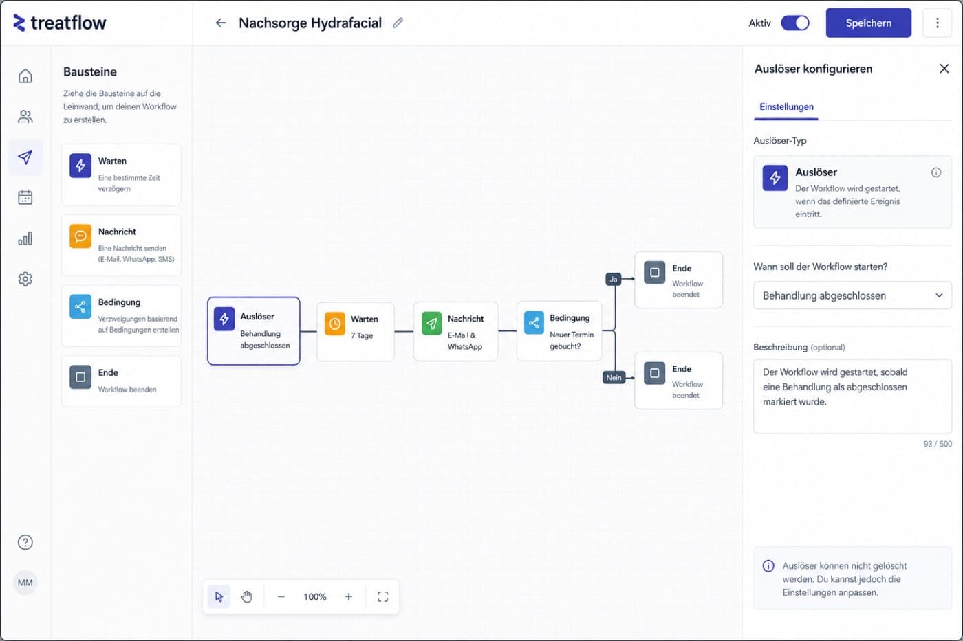 Treatflow Workflow-Builder mit Auslöser, Wartezeit und Nachricht