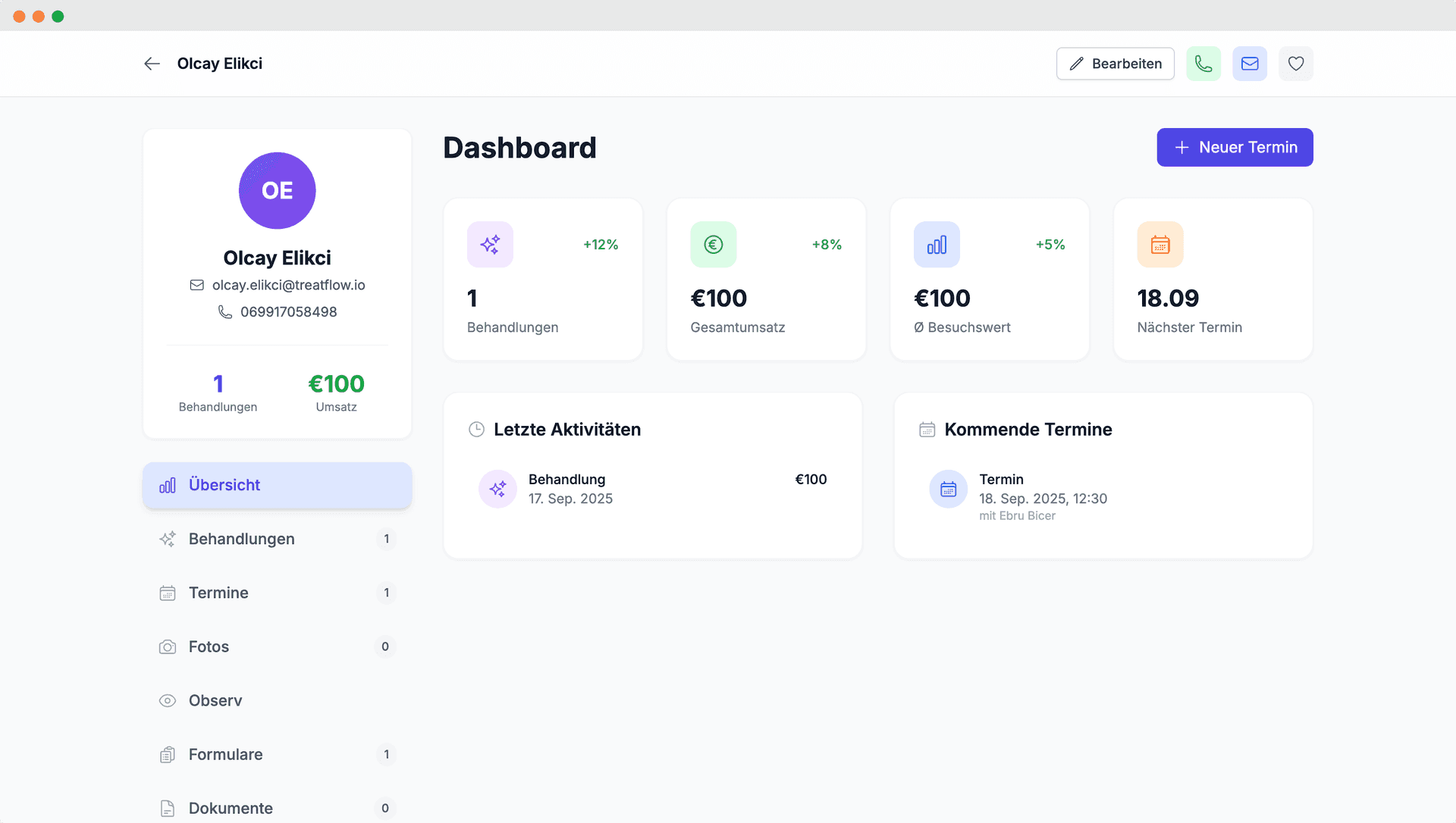 Treatflow Kundenkartei - Übersichtliche Darstellung aller Kunden mit Suchfunktion und Detailansicht