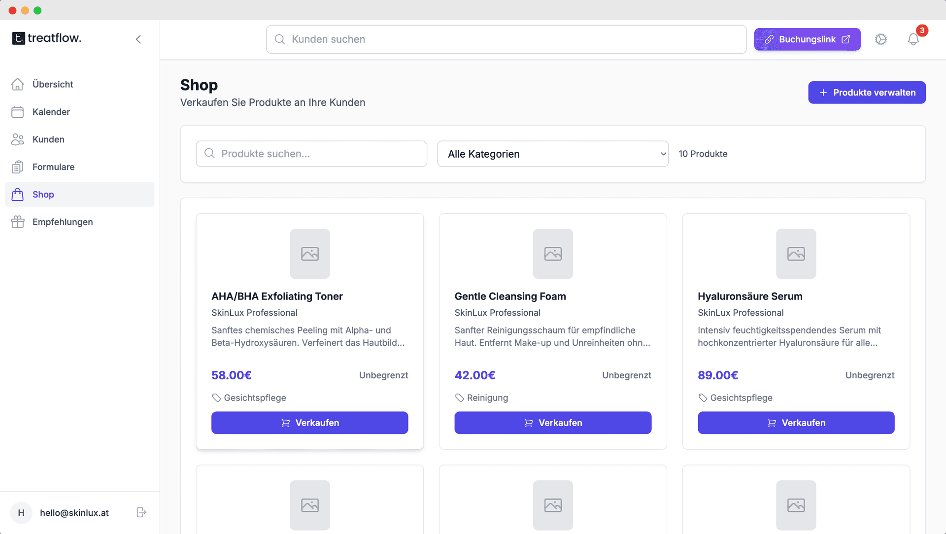 Treatflow Produktverkauf System - Einfache Lagerverwaltung und Verkaufsübersicht für Kosmetikstudios